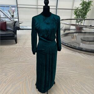 Vintage Hanae Mori Boutique Textured Long Sleeve Teal Dress